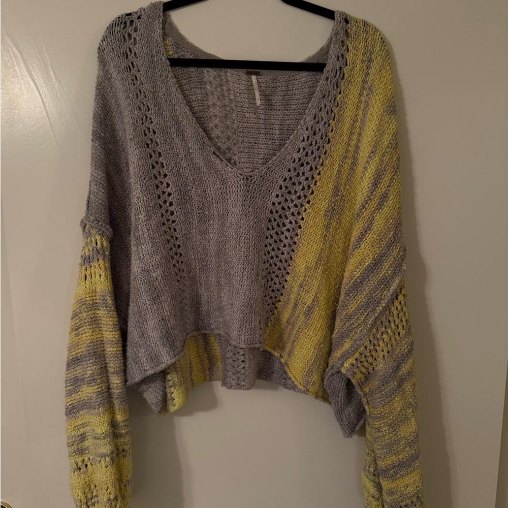 Free People V-Neck Sweater in Gray and Yellow